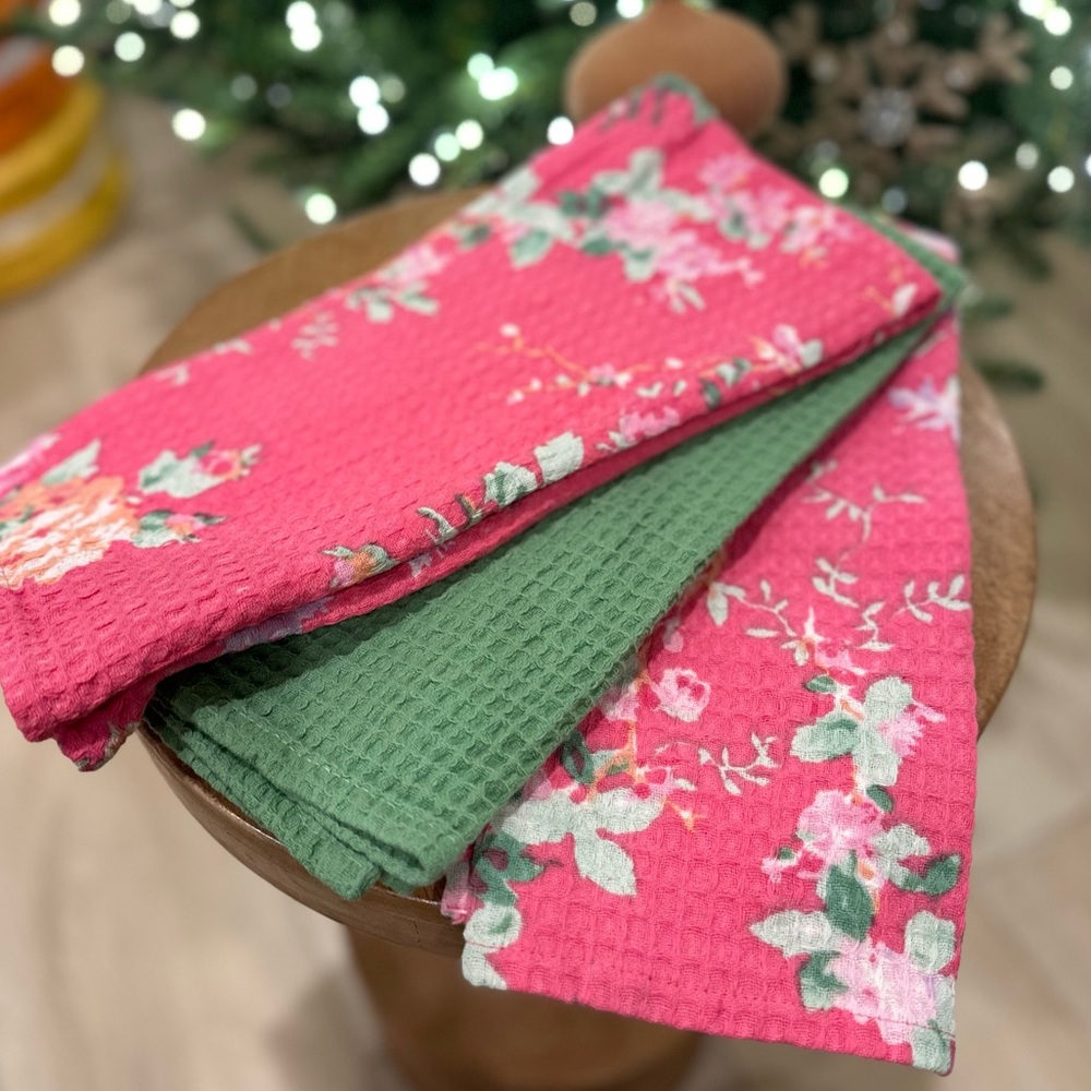 April Cornell spring floral kitchen towels 3 pack green pink cottage rose